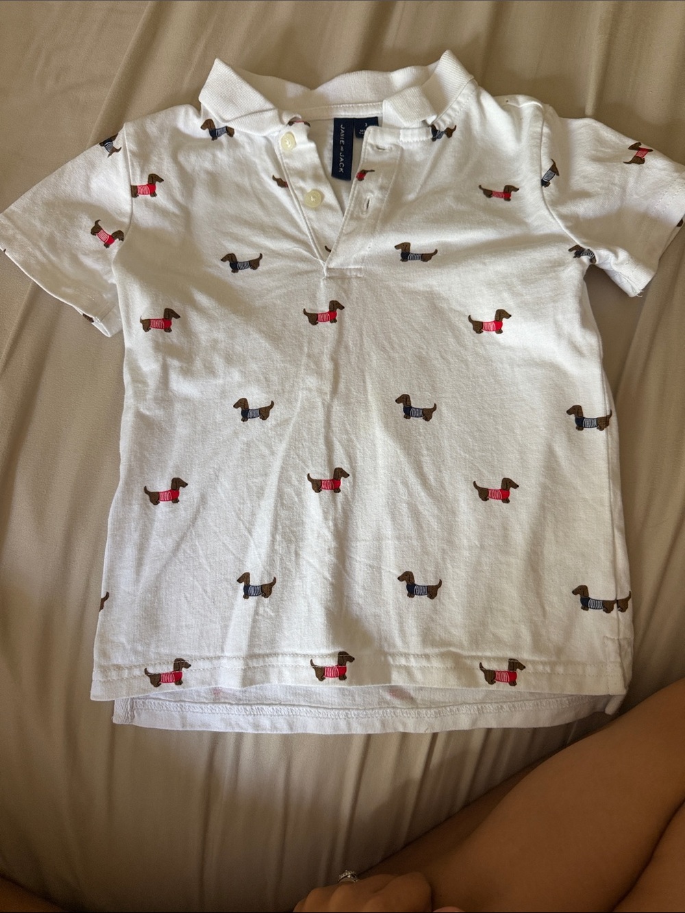 Janie and Jack White Polo with Dachshund Print in Red and Brown